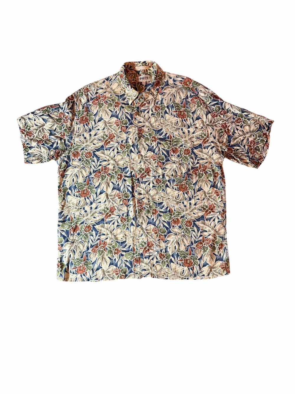 Men's Short-Sleeve Floral Button-Down Shirt - Blue/Cream/Brown